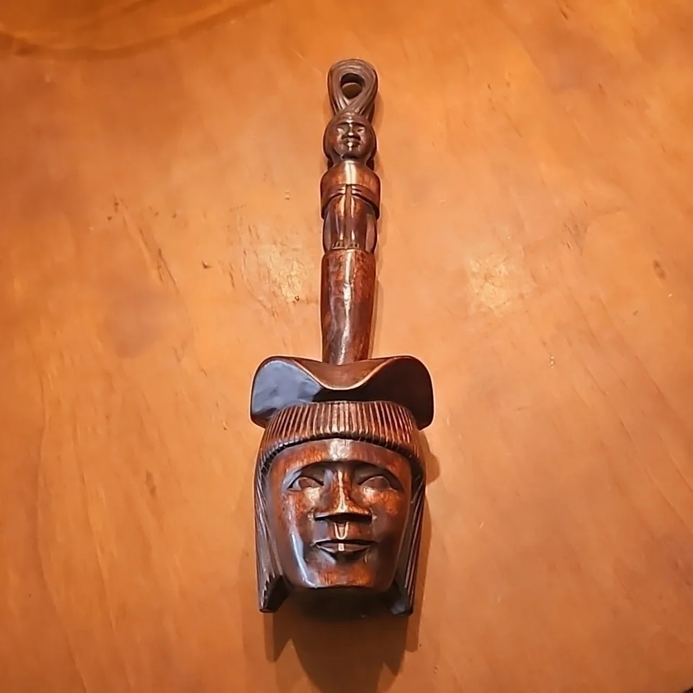 Vintage Tribal Carved Man Face Wood Dipper Pot Candle Wall Sconce